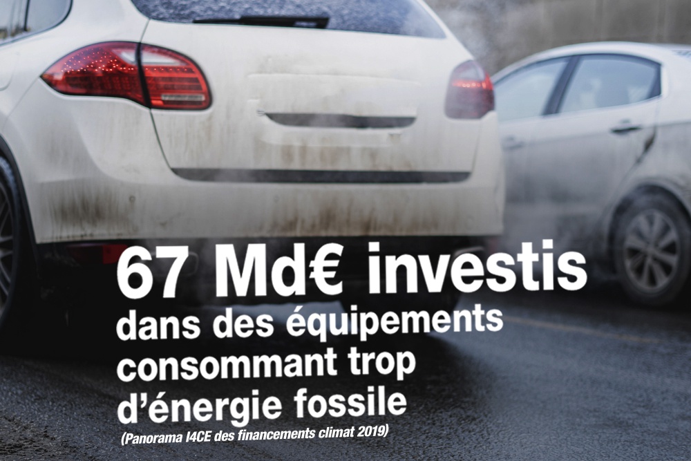 Infographie 67 Md € encore investis chaque année par les Français dans des équipements consommant trop d’énergie fossile (véhicules thermiques, chaudières, etc) selon le Panorama 2019 des financements climat de l’Institut de l’économie pour le climat.