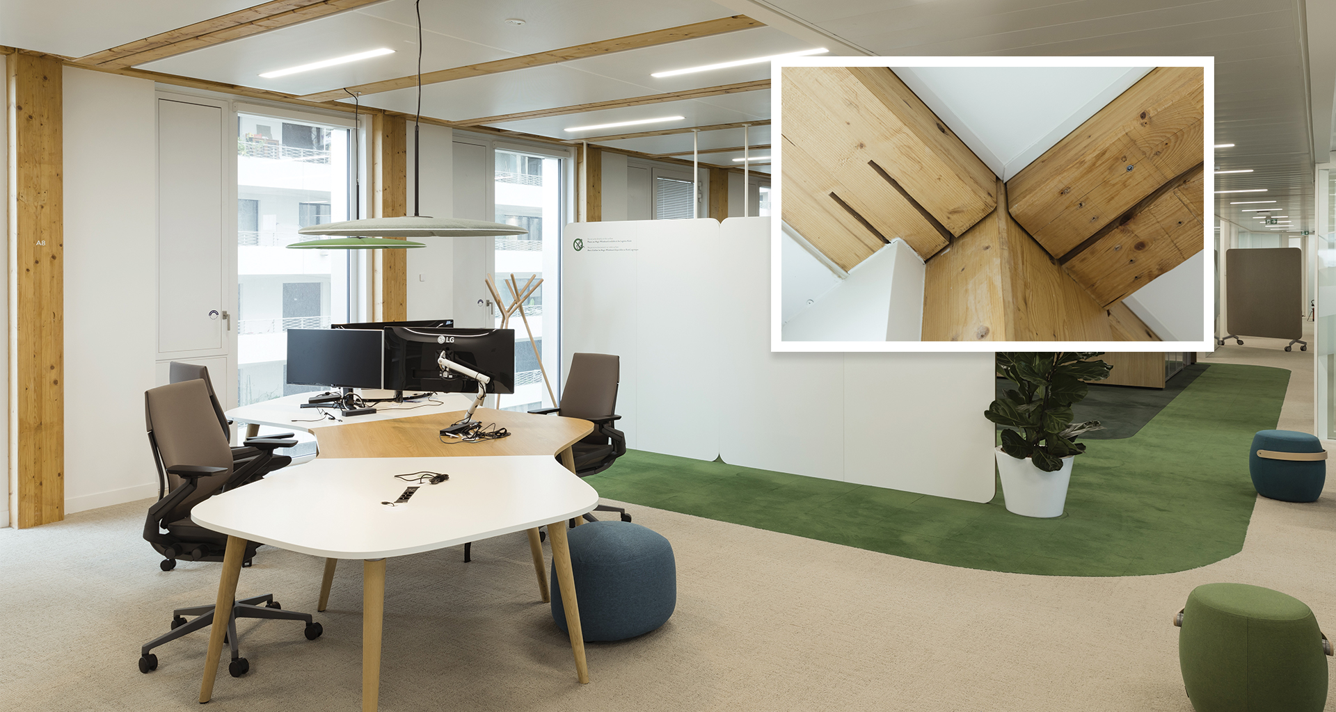 intérieur plateau de bureaux immeuble Green Office Enjoy ZAC des Batignolles Paris 17e avec poutres en bois