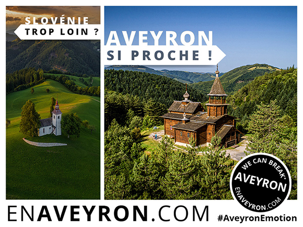 campagne de publicité 2021 et 2022 de l'office de tourisme du département de l'Aveyron ayant pour slogan "Slovénie trop loin? Aveyron si proche!" et montrant deux églises qui se ressemblent dans les deux pays 