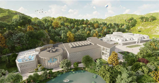 Complexe thermal de Bagnères-de-Luchon. À gauche, l’extension et son bassin thermal aqualudique sur le toit terrasse