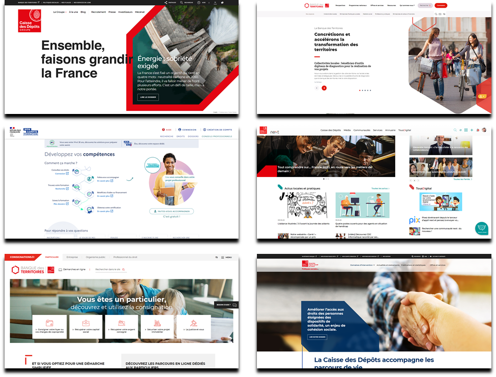 Exemples de sites considérés dans le périmètre : Le site institutionnel, la plateforme Banque des Territoires, Mon Compte Formation, Next, la plateforme Consignations, le site Politiques sociales