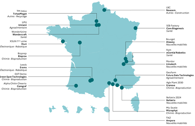 Carte des 18 projets lauréats de la 1re vague de l’Appel à projets Première usine