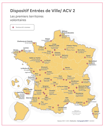 Carte de France des 45 villes volontaires - Dispositif de requalification des entrées de villes moyennes