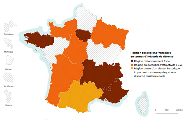 Carte de la position des régions françaises en termes d’industrie de défense