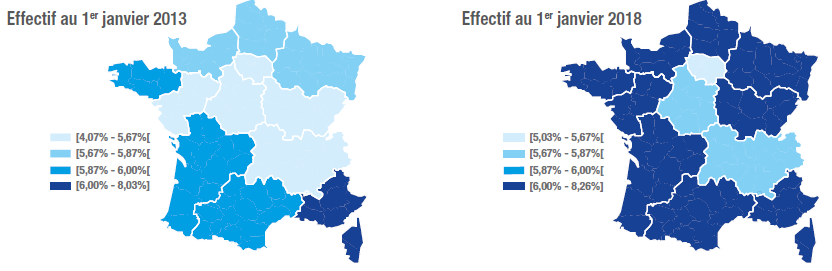 Cartes. Évolution du taux d’emploi légal par région métropolitaine entre 2013 et 2018