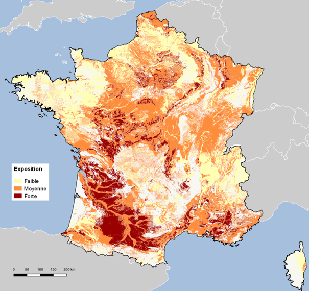 Carte : Exposition du territoire Français à la sécheresse et au retrait et gonflement des sols argileux