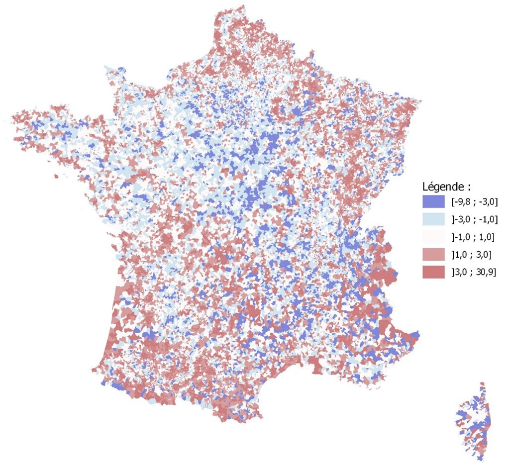 Disparités d’accessibilité des soins une fois neutralisés l’impact de la densité de population et du revenu communal médian
Médecins généralistes
