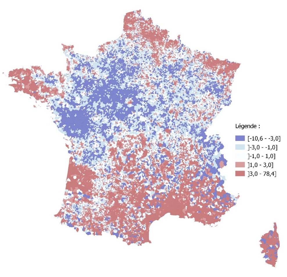 Disparités d’accessibilité des soins une fois neutralisés l’impact de la densité de population et du revenu communal médian : infirmiers libéraux