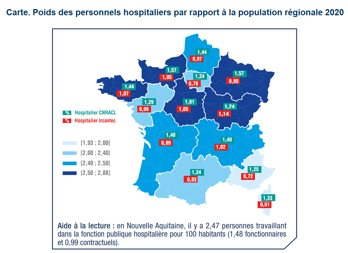 Carte. Poids des personnels hospitaliers par rapport à la population régionale 2020