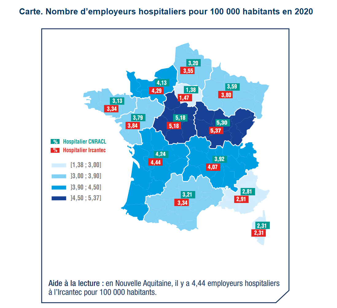 Carte. Nombre d’employeurs hospitaliers pour 100 000 habitants en 2020