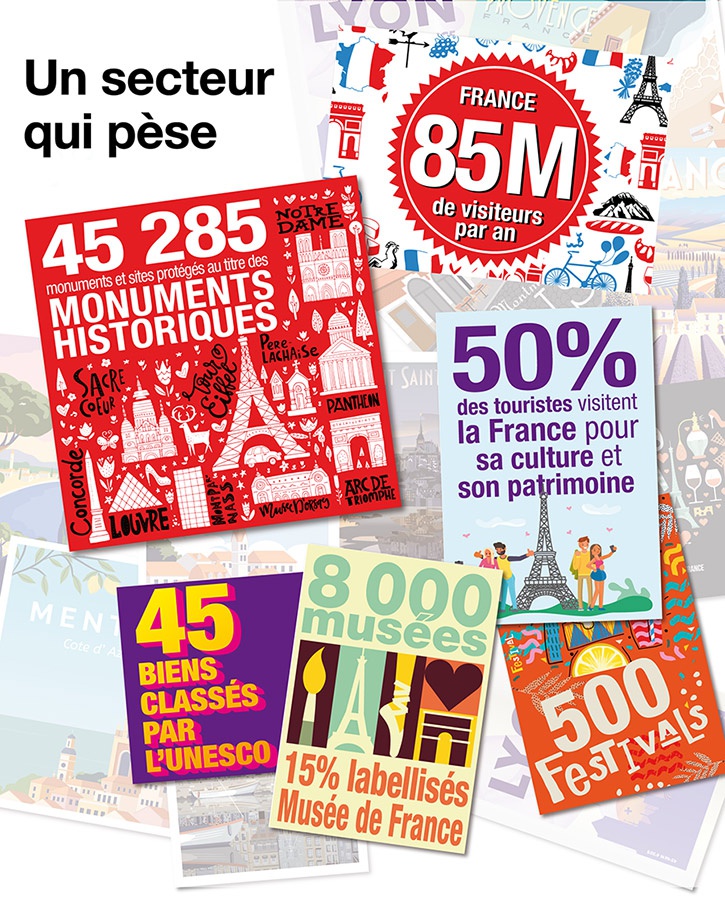 UN SECTEUR QUI PÈSE

France : 85 millions de visiteurs par an 

1 touriste sur 2 choisit de visiter la France en raison de sa culture et de son patrimoine
(OU Les visiteurs des établissements culturels se composent à 60% de touristes)

45 285 monuments et sites protégés au titre des monuments historiques 
dont près de la moitié (43%) appartient à des propriétaires privés, 4% à l’État et 41% aux communes
45 biens classés par l’Unesco
8 000 musées dont 1 200 labellisés « Musée de France » 
500 festivals 
(sources : Ministère de la culture et Organisation mondiale du tourisme)