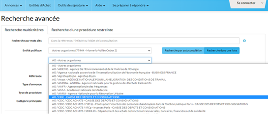 Capture écran de la plateforme de dématérialisation PLACE - Sélection dans la liste déroulante l'entité publique AO/CDC - CAISSE DES DEPOTS ET CONSIGNATIONS