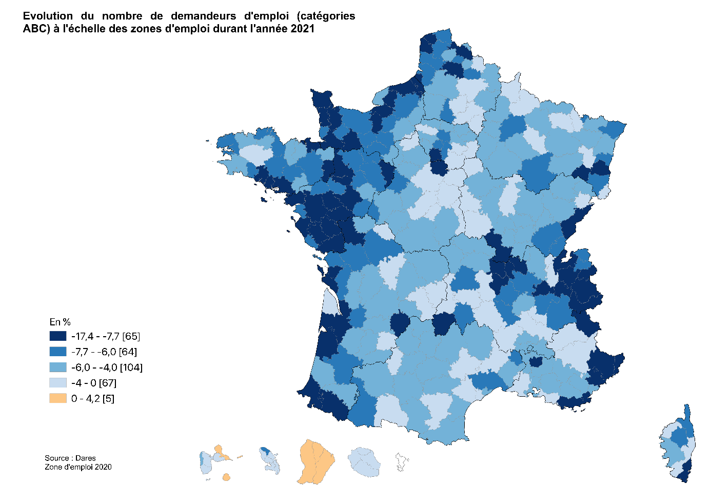 Carte - Evolution du nombre de demandeurs d'emploi par région en 2021