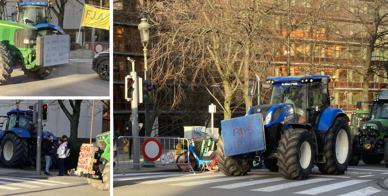 Trois slogans utilisés par les agriculteurs ayant manifesté à Bruxelles le 9 février 2024. « Pas de pays sans paysans », « Enfant on en rêve, adulte on en crève », « UE n’importe pas n’importe quoi : des prix garantis pour nos produits »
