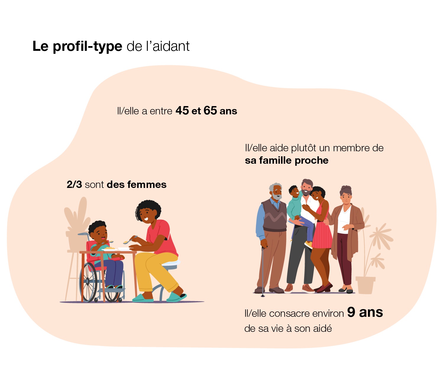 Il/ elle a entre 45 et 65 ans  
C’est plutôt une femme (66% des aidants sont des aidantes)
Il/ elle aide plutôt un membre de sa famille proche (son père ou sa mère dans 44% des cas)
Il/elle consacre environ 9 ans de sa vie à son aidé.
