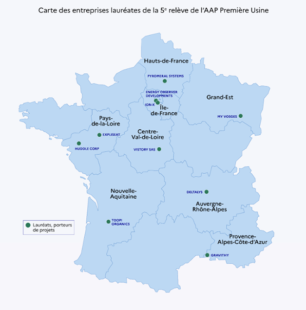 Carte des 10 projets lauréats de la 5e relève de l’appel à projets Première Usine