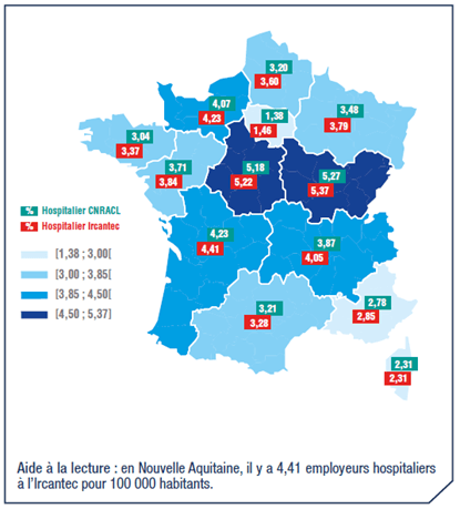 Carte du nombre d’employeurs hospitaliers pour 100 000 habitants en 2021. 