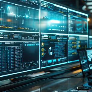 Ecrans d'ordinateur posés sur un bureau dans un espace de travail numérique 