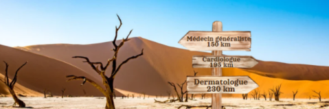 Illustration d'un désert avec des panneaux vers des spécialités médicales