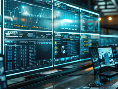 Ecrans d'ordinateur posés sur un bureau dans un espace de travail numérique 