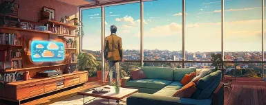 Fiction d'un homme dans un appartement en 2050 