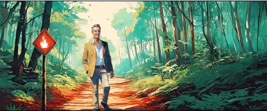 Fiction d'un homme dans une forêt en 2050