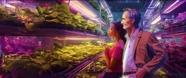 Fiction d'un homme avec sa fille chez un primeur en 2050 