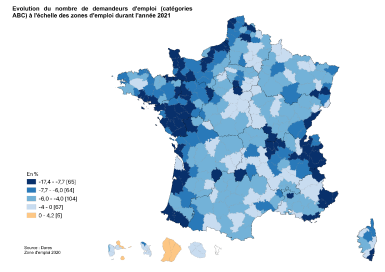 Evolution du nombre de demandeurs d’emploi (catégories ABC) à l’échelle des zones d’emploi en France durant l’année 2021.