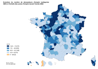 Evolution du nombre de demandeurs d’emploi (catégories ABC) à l’échelle des zones d’emploi en France durant l’année 2022.