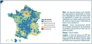Cartographie de la France du taux de recours localisé au CPF des actifs occupés en 2021. 