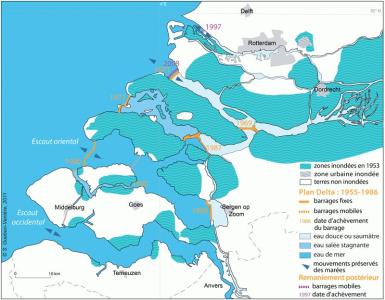 Carte des zones inondées en 1953 et principaux barrages. 