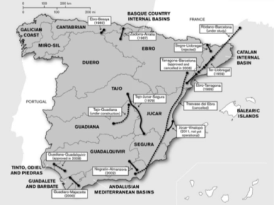 Carte des bassins hydrographiques et connections établies ou projets pour les transferts d'eau. 