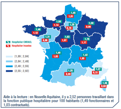 Carte des poids des personnels hospitaliers par rapport à la population régionale 2021.