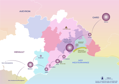 Carte des communes avoisinant Montpellier. 