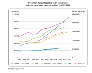 Courbes de l'évolution des surfaces bio et en conversion dans les principaux pays européens (2010-2021). 