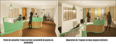 Deux illustrations : Poste de conseiller France service à proximité de postes en autonomie, Séparation de l’espace en deux espaces distincts.