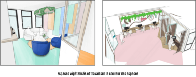 Illustration d'espaces végétalisés et travail sur la couleur des espaces 