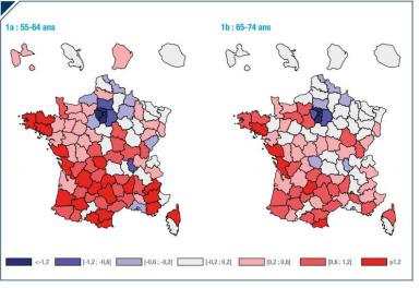 Cartes 1a et 1b : Soldes migratoires départementaux par tranche d’âge (en %). 