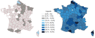 Cartes 1, Part des 60-74 ans (carte de gauche) et part des 75 ans et plus (carte de droite) déclarant être moyennement ou fortement limités dans leur vie quotidienne, par département. 