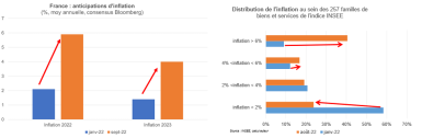 Graphiques des anticipations d’inflation en France et de la distribution de l’inflation au sein des 257 familles de biens et services de l’indice INSEE. 