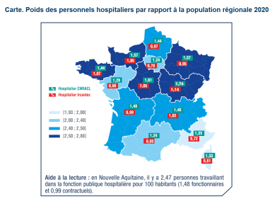 Carte 1 - Poids des personnels hospitaliers par rapport à la population régionale 2020 