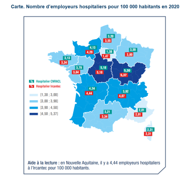 Carte 2 - Nombre d’employeurs hospitaliers pour 100 000 habitants en 2020. 