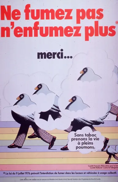 affiche montrant des oiseaux sur des jambes humaines, dans une campagne anti-tabac