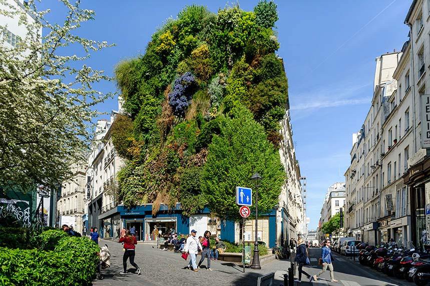 Un bâtiment au mur végétalisé dans une rue de Paris.